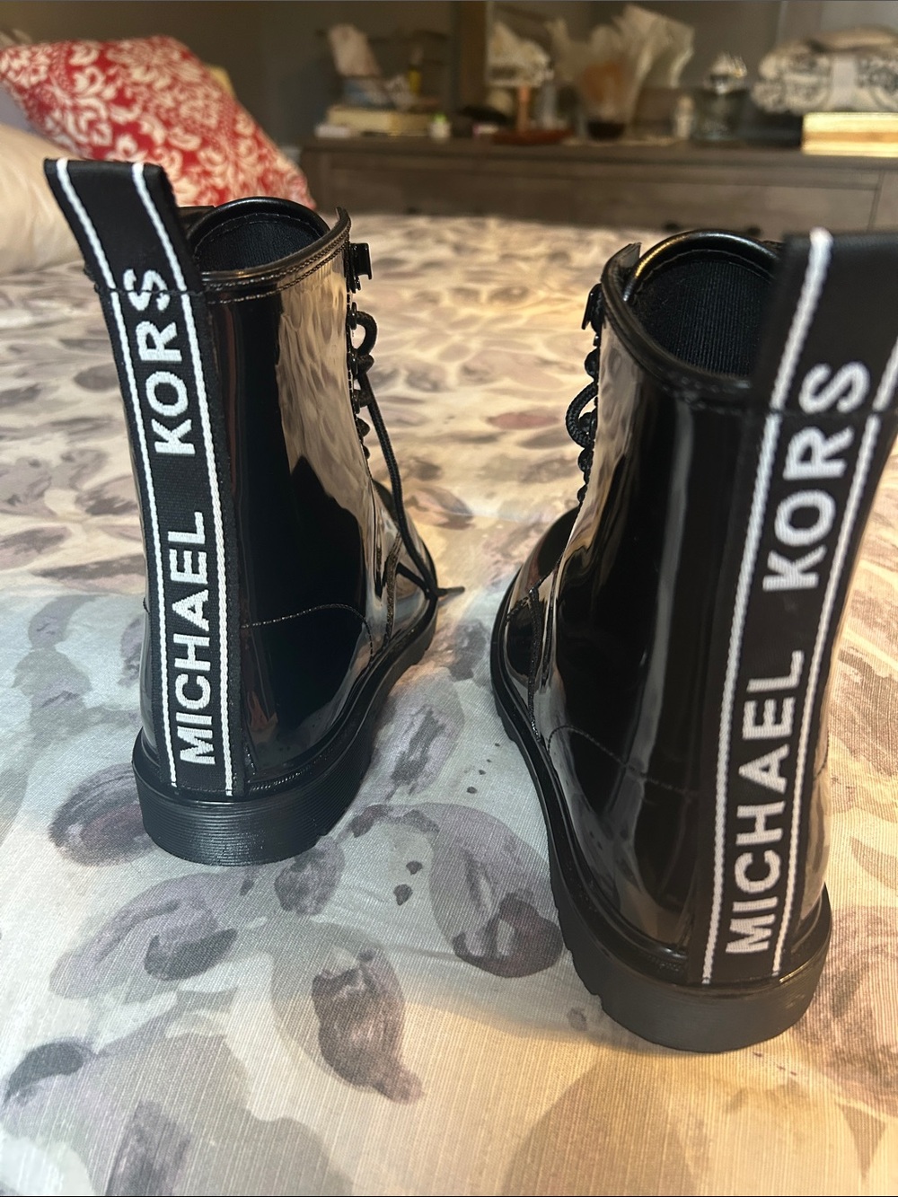 Michael Kors Black Patent Lace-Up Combat Boots with Logo Heel Tab - Picture 6 of 10